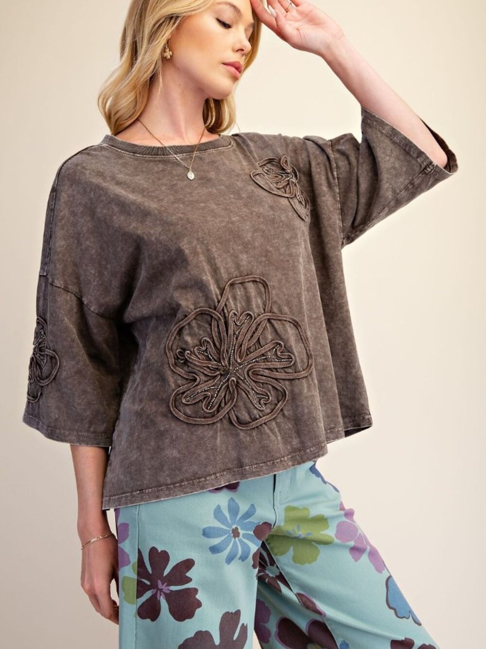 103 EASEL BROWN EMBROIDERY DETAILING WASHED TERRY TOP FLOWER SML NWT BOHO SUMMER
